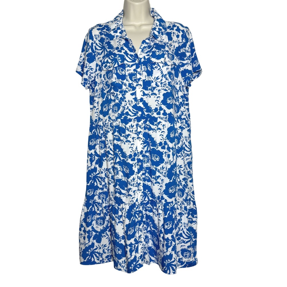 Lark + Grey Womens Shirt Dress M Blue Floral Print Button Up Casual Event Brunch